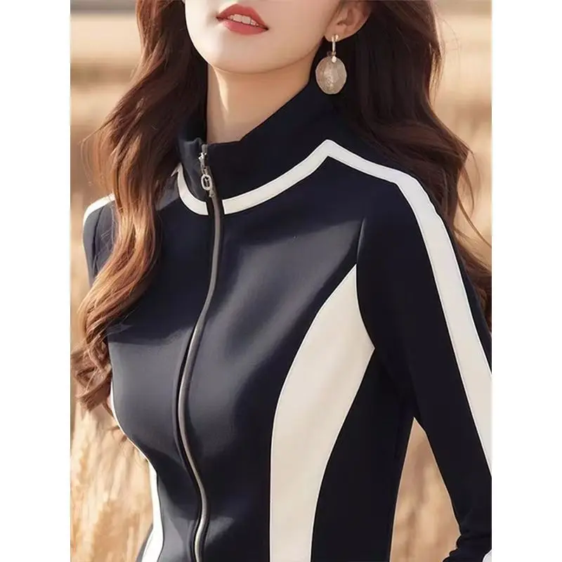 Black White Contrast Casual Zipper Hoodie Women Shirts Spring Autumn 2025 Korean Fashion Stand Collar Slim Jacket Office Lady