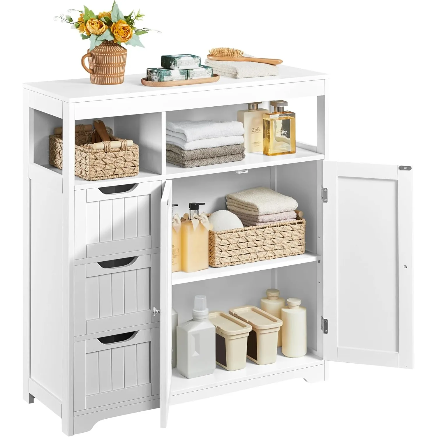 Small Bathroom Storage Cabinet with 3 Drawers & 2 Doors, White