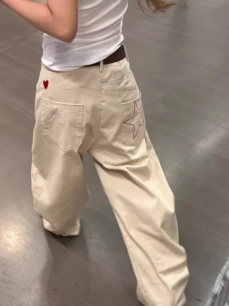 Retro American Star Letter Embroidery Design Wide Leg Straight Cut Jeans Men's Casual High Waist Cotton Zipper Fly Jeans