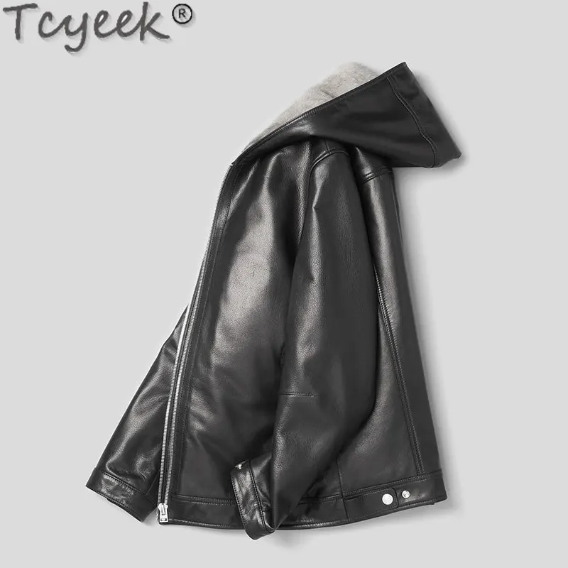 Tcyeek Real Goatskin Genuine Leather Jacket Men 2023 Winter Men's Real Fur Jackets Loose Fit Fashion Mink Fur Liner Coats Hooded