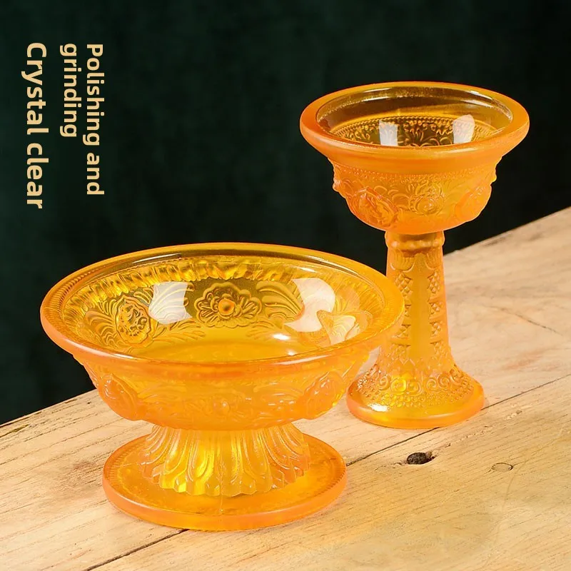 Tibetan Style Glass Dharma Cup with Eight Auspicious Patterns Home Buddhist Offering Set