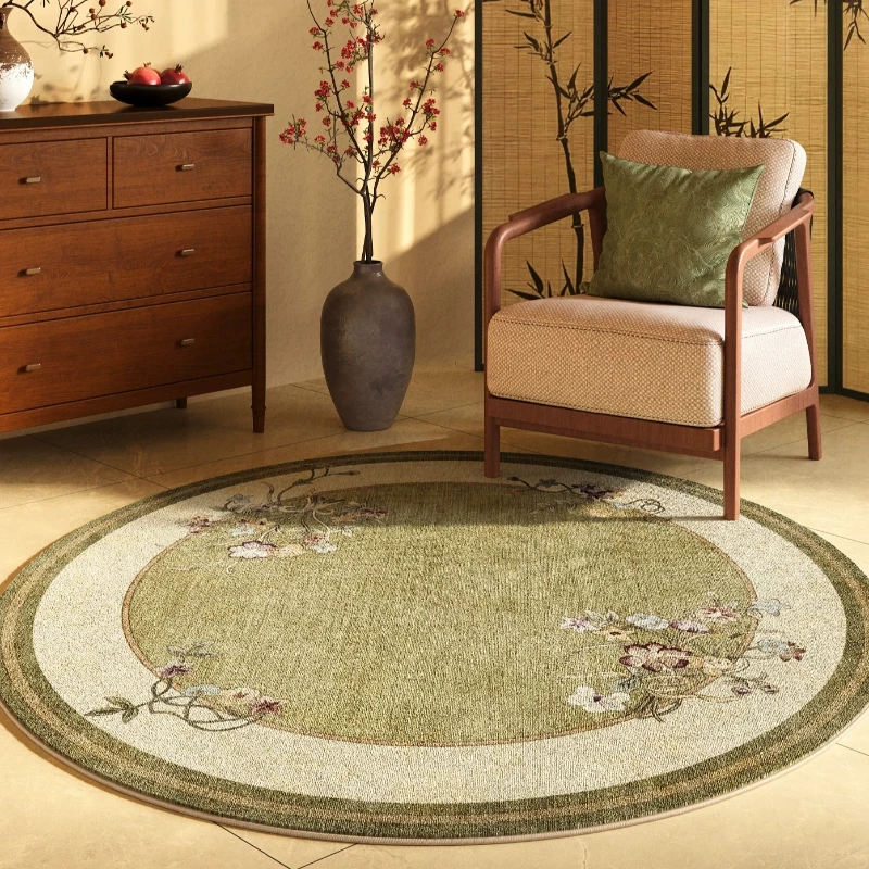New Chinese Style Living Room Decoration Carpets Retro Green Rugs for Bedroom Floral Round Lounge Rug Soft Home Thick Floor Mat