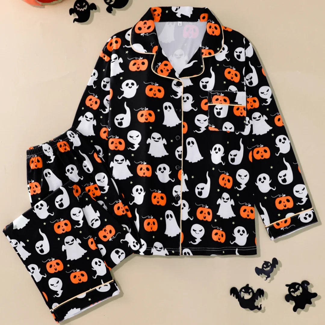 Пижама на тему Хэллоуина с черным принтом тыквы и призрака, брюки с длинными рукавами, весенне-осенний комплект домашней одежды для женщин