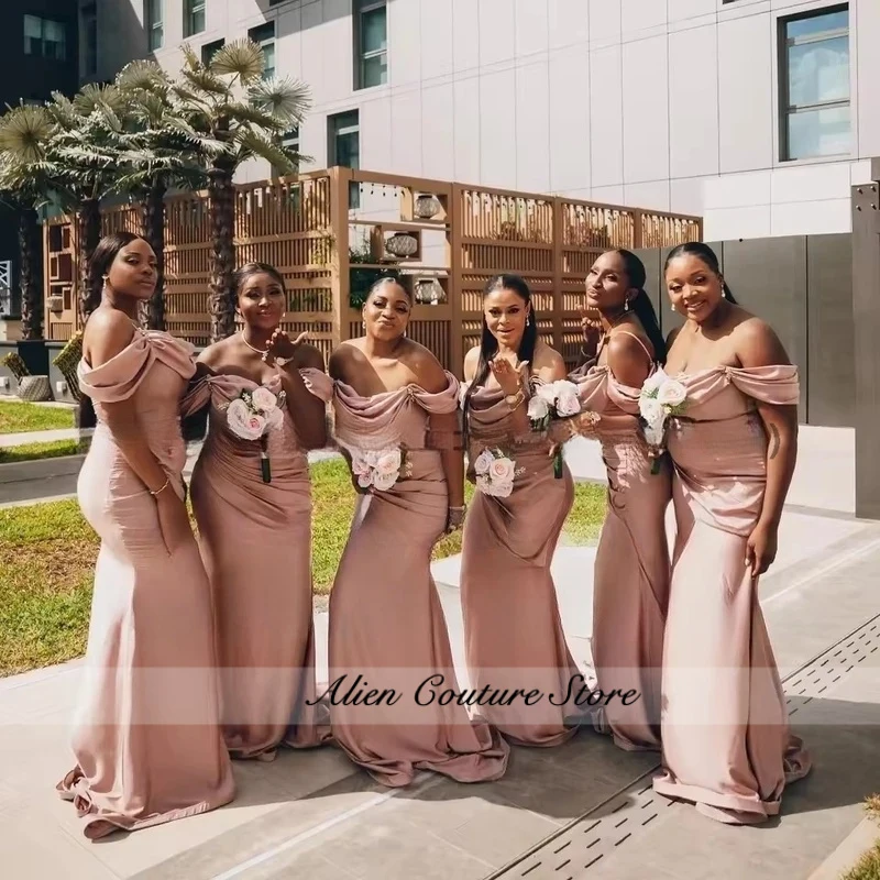 Off Shoulder Bridesmaid Dresses Mermaid Boat Neck Pleated Wedding Party Dress Sweep Train Maid Of Honor Customized