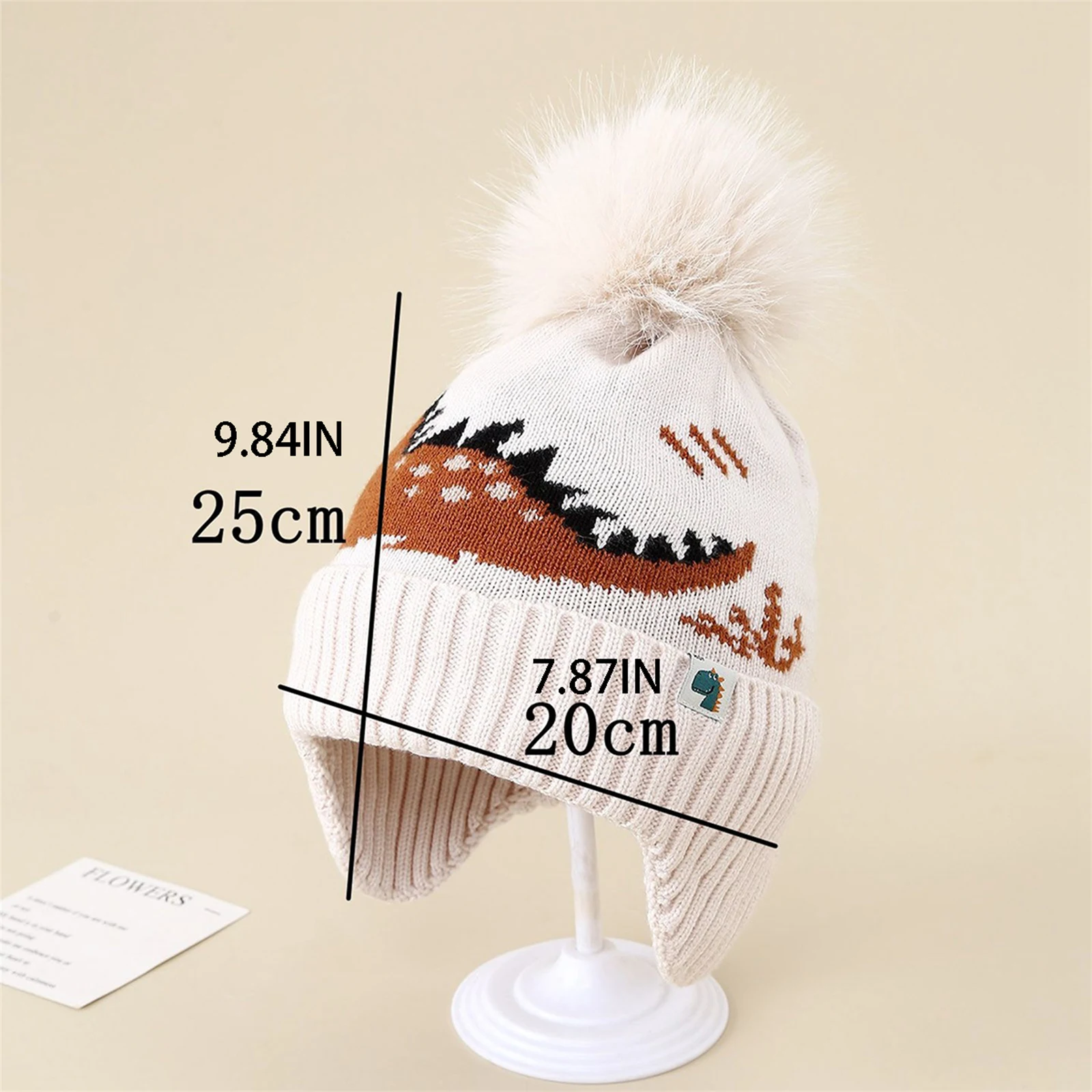 Czapka z uszkami dinozaura Suefunskry dla dzieci w wieku 3-8 lat, miękka, urocza, ciepła zimowa nakrycie głowy