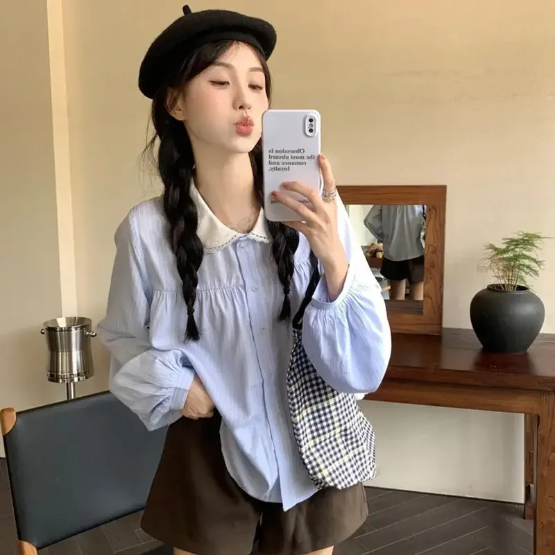 النمط الياباني قمصان مخططة النساء الكورية موضة لطيف المرقعة البلوزات طويلة الأكمام بيتر بان طوق بلايز عادية