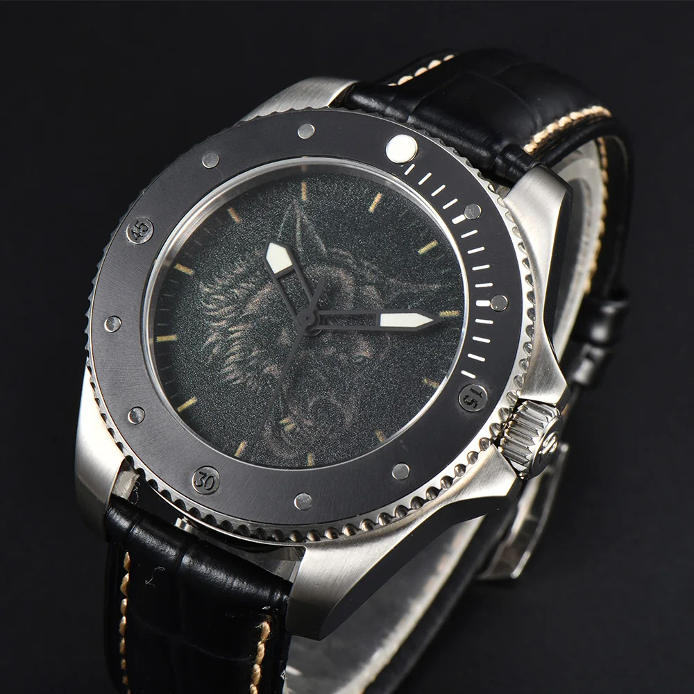 Parnis 43mm Sapphire jam tangan pria otomatis safir kustom Dial gambar Bezel keramik