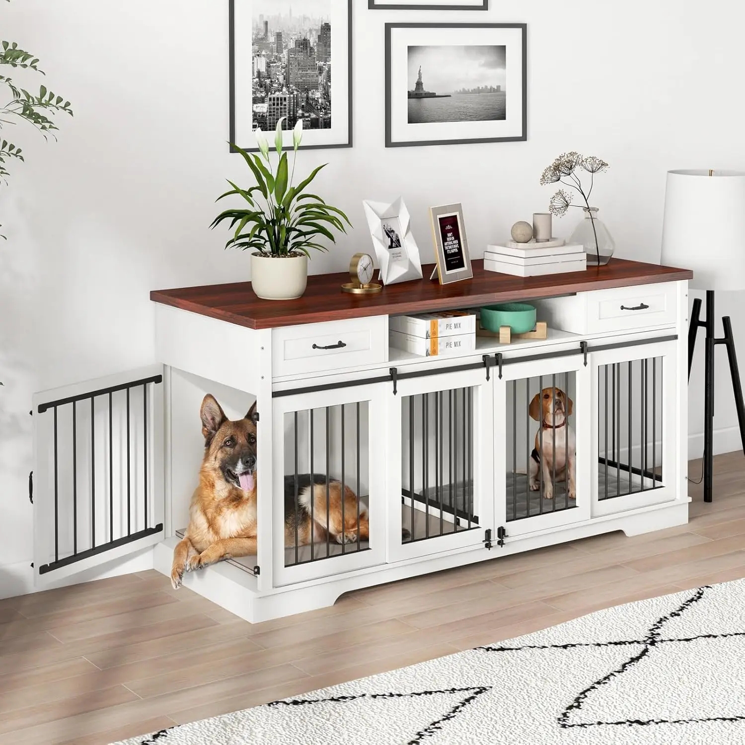 Meuble de caisse en bois pour 2 chiens, chenil d'intérieur extra large de 71 pouces avec perfecSync der, caisse de ferme robuste