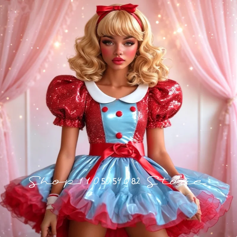 Cute Anime Prom Dress Red Blue Sequin Puff Sleeve Ruffle Tutu Dress Bow Decor Women Halloween Party Costume Customized