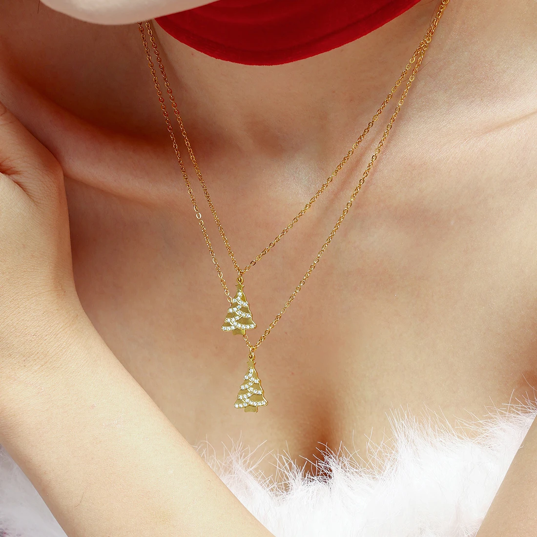 Stainless Steel Chain Necklace for Women Simple Christmas Trees Waterproof 18K Gold Plated White Zircon Jewelry Gift