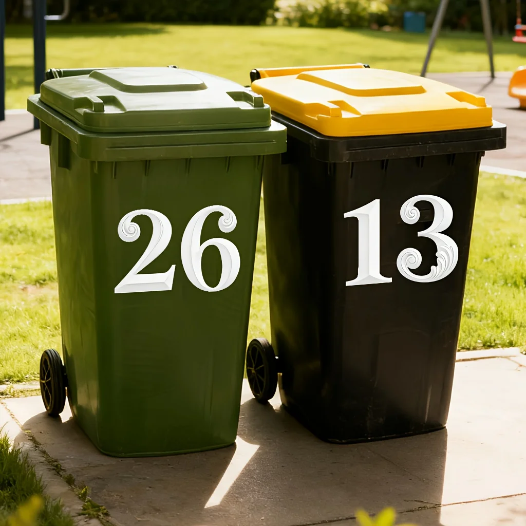 2pcs Fun PVC Self-Adhesive White Number Stickers 5.7in(14.5cm) Large Reflective Trash Can Labels for Bins Garage Organization view 2