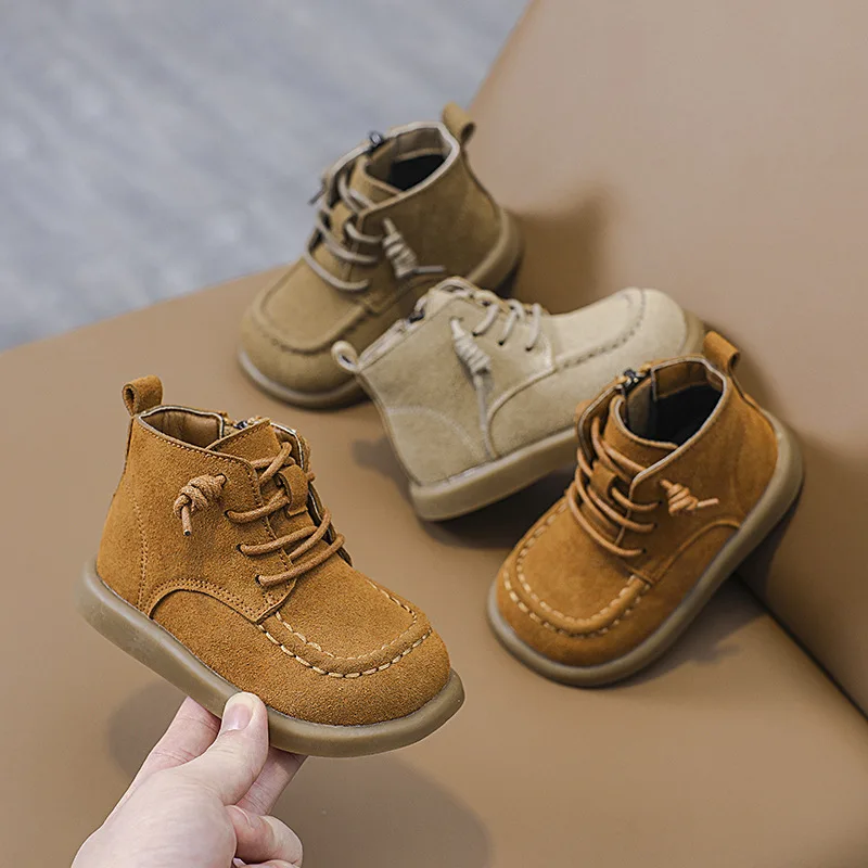 Fashion Boy Girl Short Boots Non-Slip British Style Boots Children's Side Zipper Design Single Boots Leather Boots Anti-skid