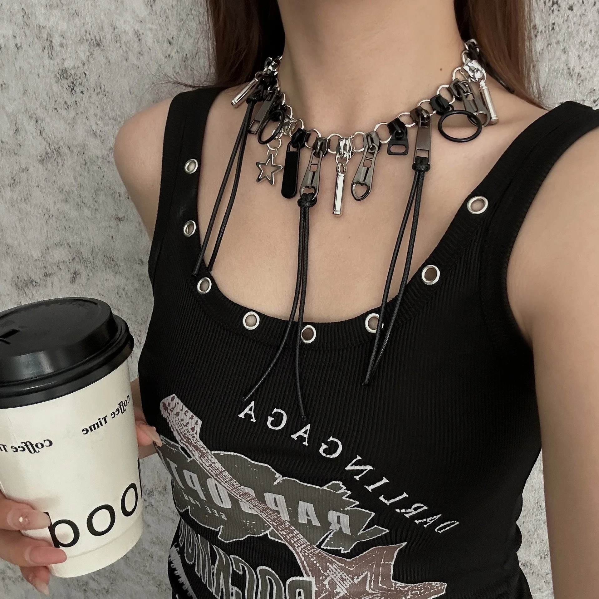 

DUTRIEUX Y2K Punk Neo-Gothic Zipper Necklace Tassel Chain Head Hip-Hop Chain Men's Women's Fashion Personality Collarbone Choker