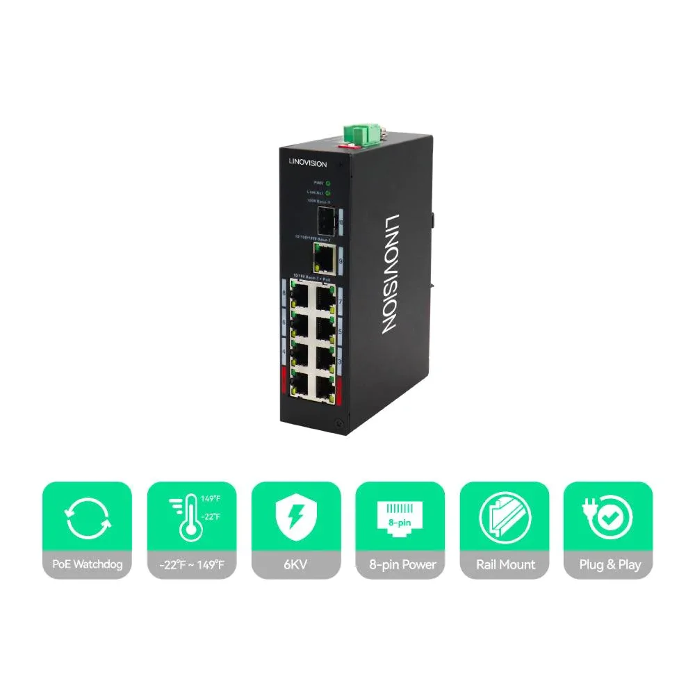 Industrial 10-Port POE Switch with 8 IEEE802.3af/at/bt PoE Ports and 1*GE & 1*SFP Uplink, Max BT 90W POE Output, PoE Watchdog