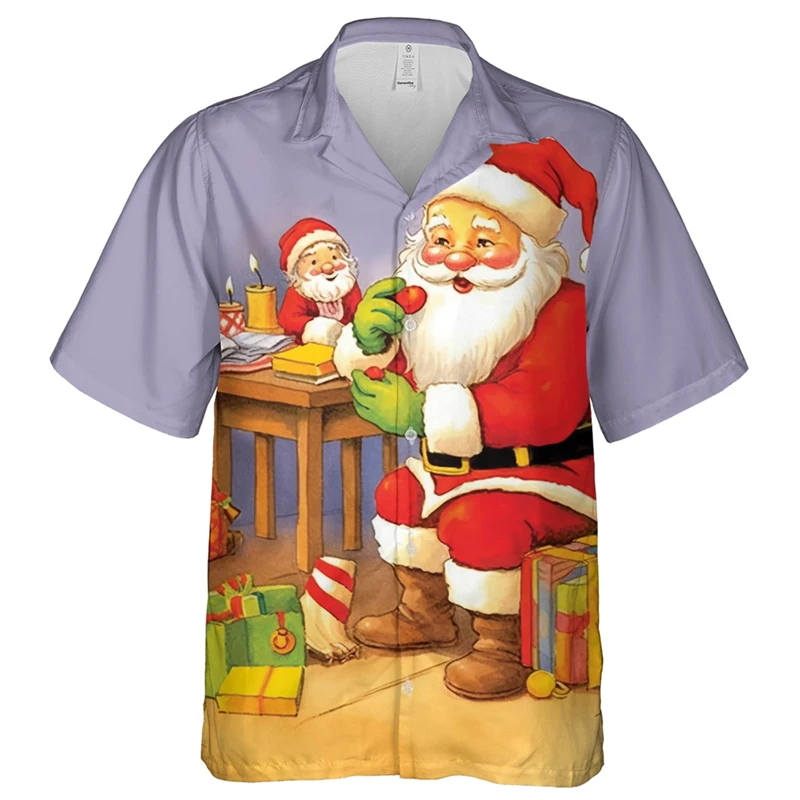 2026 Men's Shirt Christmas Gnome Print Short Sleeve Turn Down Collar Casual Street Top Funny Men Gift Fashion Mens Clothing