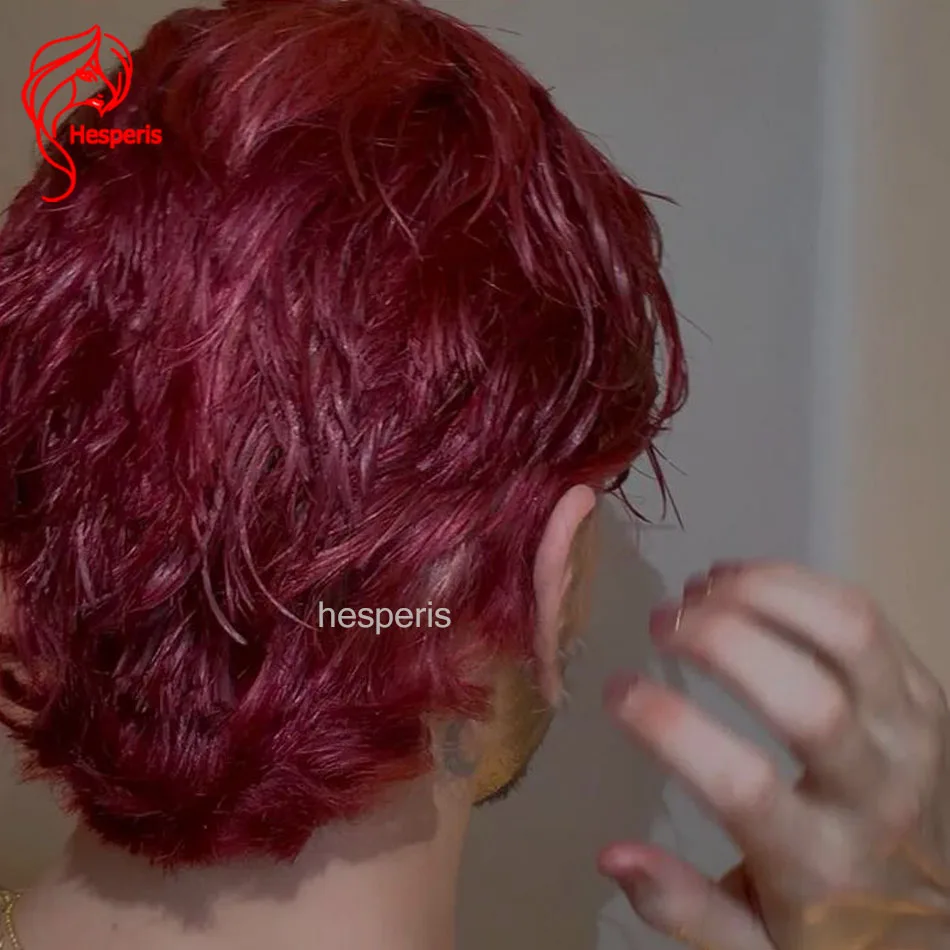 Hesperis Glueless Burgundy Short Natural Pixie Cut Hair For Male Can Do Difference Style Human Hair Lace Front Wigs For Men
