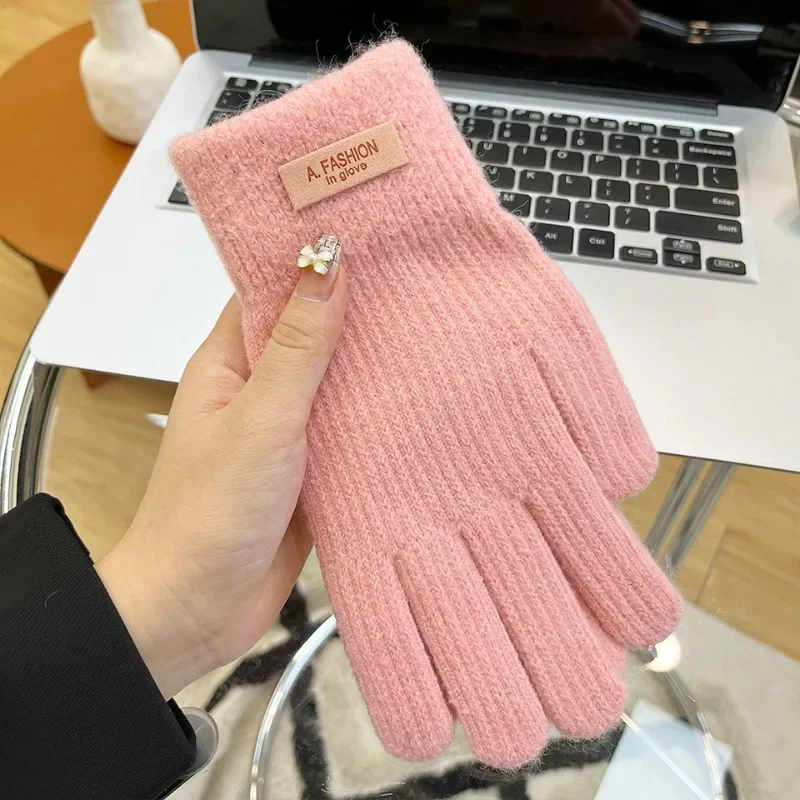 Winter Warm Knitted Full Finger Gloves Women Imitation Cashmere Thick Plush Touchscreen Mittens Outdoor Cycling Driving Gloves