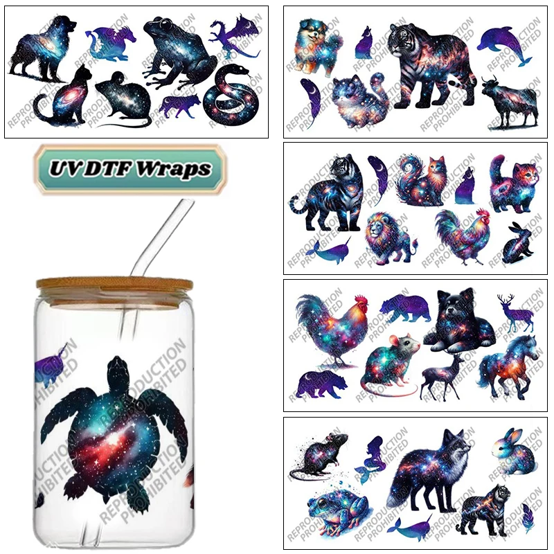 Galaxy Animal UV DTF Wraps Cosmic Space Creature Stickers Waterproof DIY Transfer Decals for 16oz Glass Cans