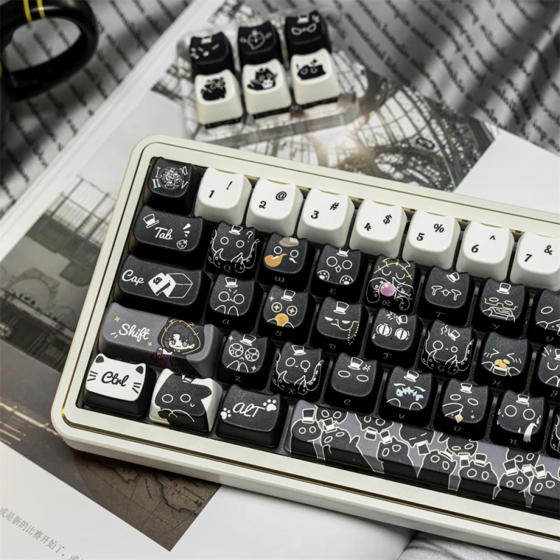 PBT Cat Keycap 133 Keys Black Custom Dye-Sublimation Mao Profile Key Caps For Mechanical Keyboard 60% 75%