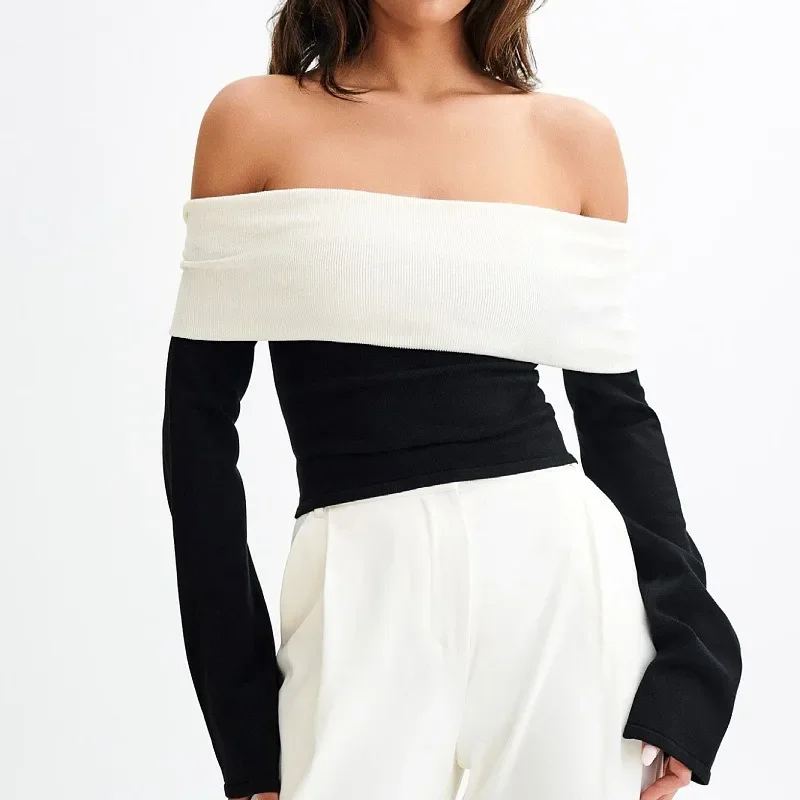 

Knitted Off-Shoulder Top Women's Elegant Backless Bodycon High Waist Pullover Sexy Pleated Contrast Ribbed T-Shirt Top