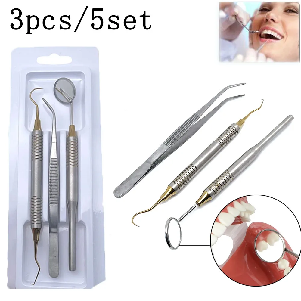 5 Kit Dental Mouth Mirror Stainless Steel Tweezers Curve Probe Dentist Instrument Teeth Care Cleaning Whitening Tools Dental