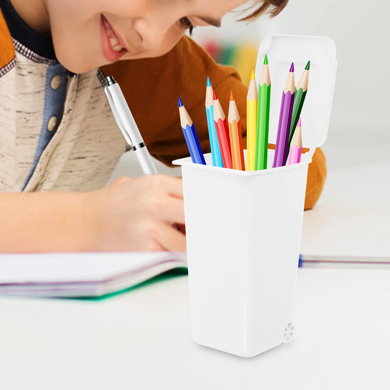 4Pcs Small Desktop Trash Can Cute Cartoon Style Mini Bin with Lid Compact Plastic Waste Basket Pen Holder for Office Study Home