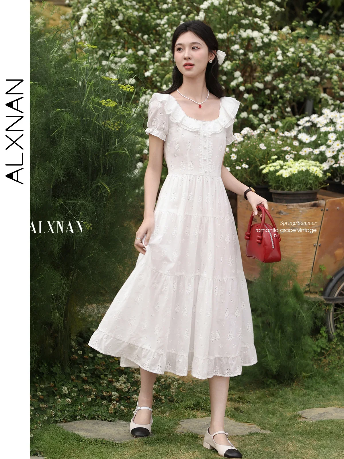 

ALXNAN Long Dress Ruffled Puff Sleeve Lace Hollow Embroidery Women's Dress Cotton Square Neck Short Sleeve Female Clothes L55171