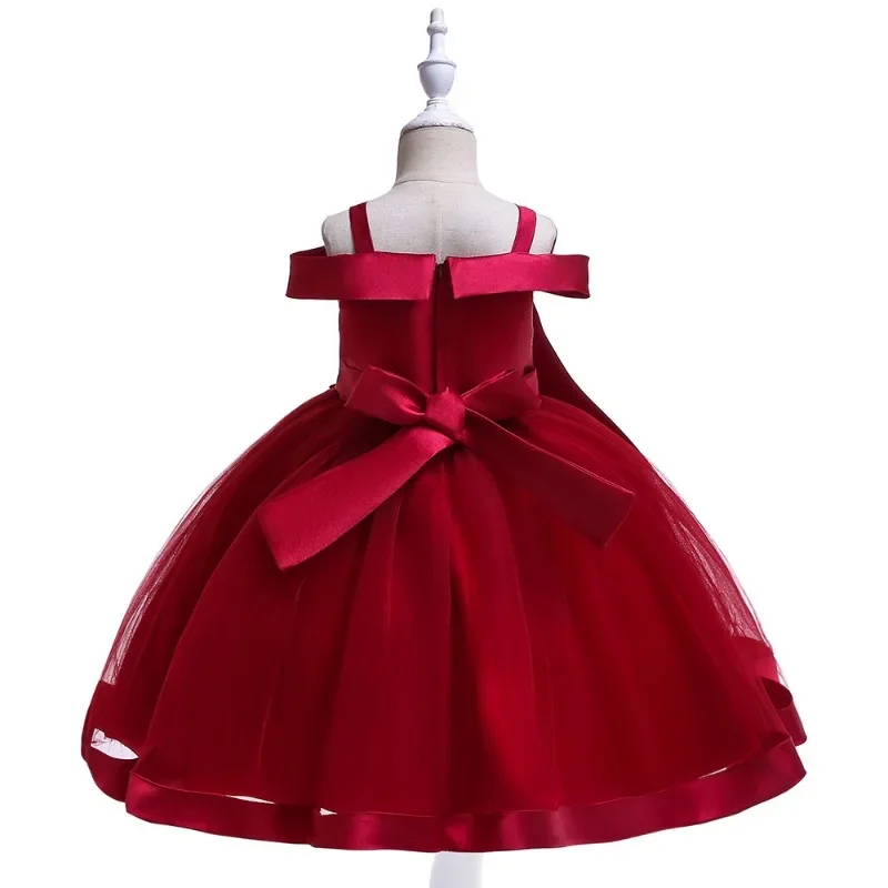 New Girls' Dress Beaded Flower Off spalla Strap Princess bambini piccoli senza maniche Solid a-line abiti da sera