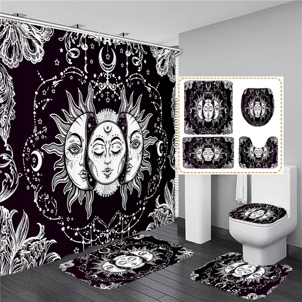 Psychedelic Sun Moon and Sun God Bohemia Shower Curtain Set Waterproof Bathroom Curtain Toilet Cover Bath Non-Slip Mat Rug Decor