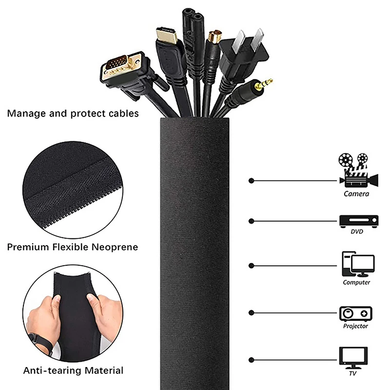 Organizador de cables negro de 50CM, tipo cremallera, Cable protector aislado para oficina, gestión de almacenamiento oculta para ordenador, Cable de TV