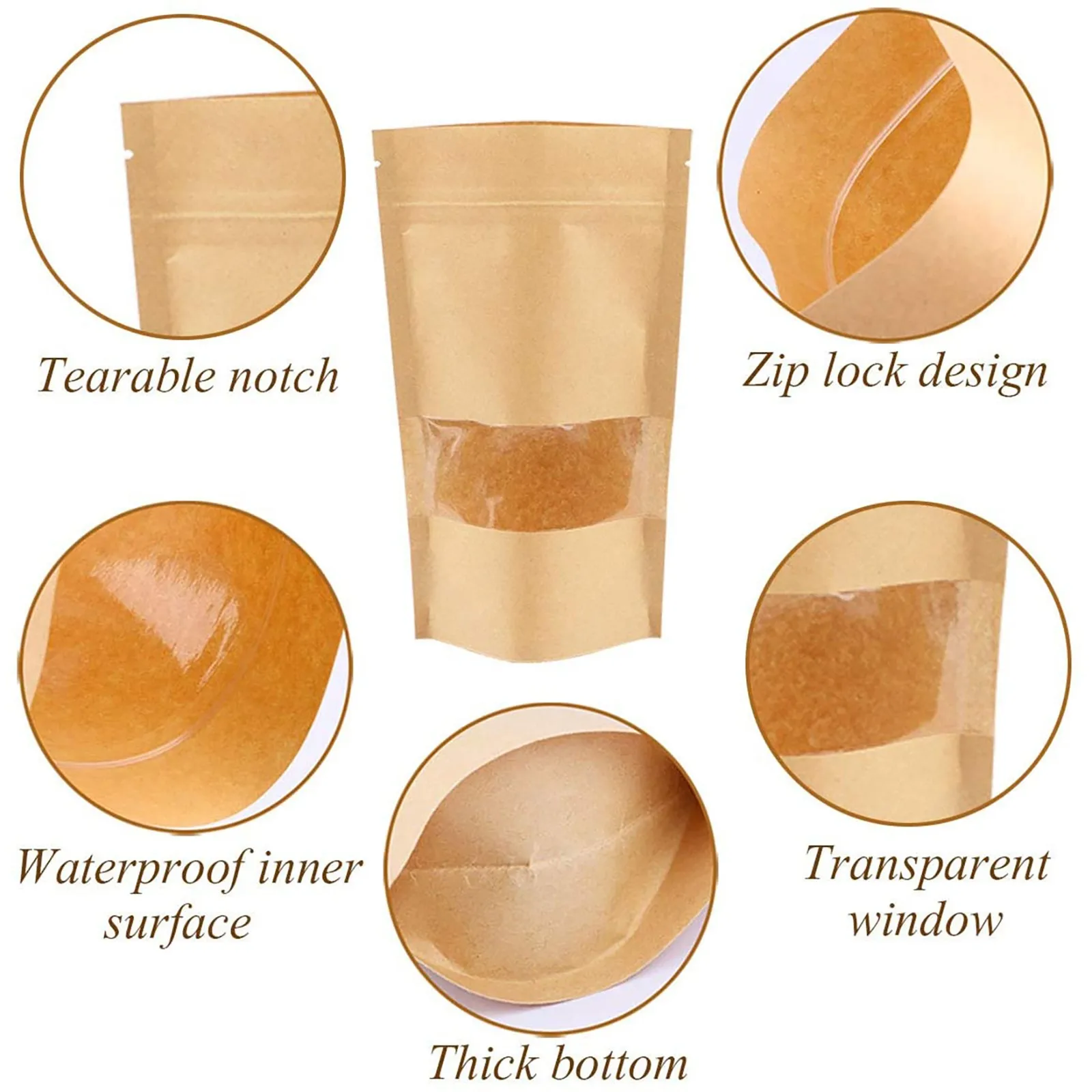 Kraft Paper Window Bag Stand Up Resealable Self Sealing Packaging Pouches Storing Cookie Nut Food Snack Fruit Tea Ziplock Bag