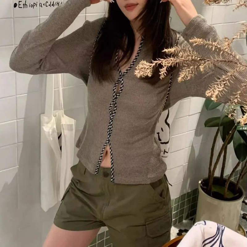 

Autumn Long Sleeve Knitted T-shirts Stylish Hollow Out Women's Clothing Casual Half Open Collar Vintage Spliced Slim Pullovers