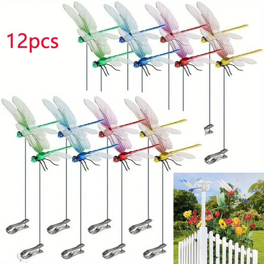 12Pcs Dragonfly Hat Clip Realistic Decoys Simulation Garden Stake Decorate Outdoor Realistic Outdoor 3D Decorative Clips