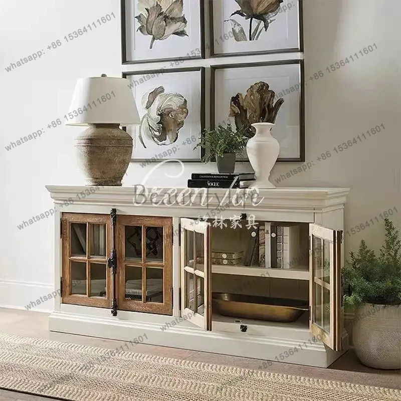 zj American retro solid wood dining side cabinet/modern simple white decoration integrated TV display cabinet against the wall