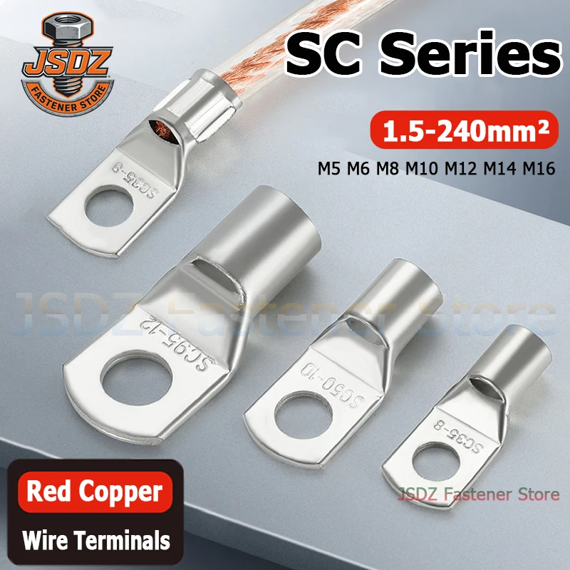 1-50pcs SC-1.5 2.5 4 6 10 16 25 35 50 70 95 120 150 185 240 Wire Nose Copper Terminals Battery Cable Lugs M5 M6 M8 M10 M12M14M16