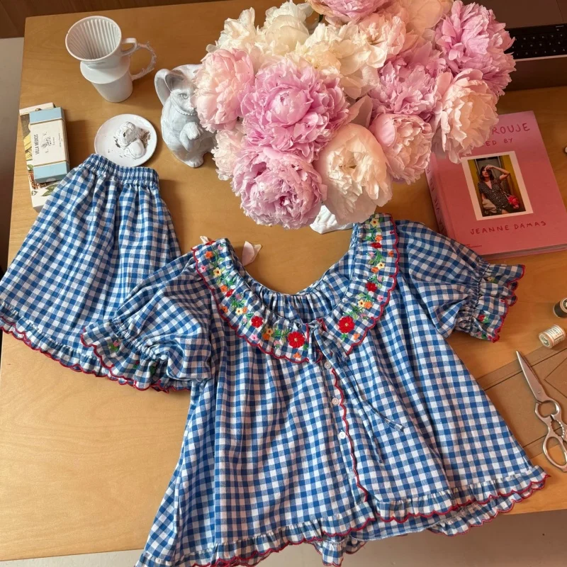 Women 100% Cotton Plaid Two-Pieces Sleepwear Summer Short Sleeves Embroidery Pajamas Loose Design Short Pants Pyjama Set New