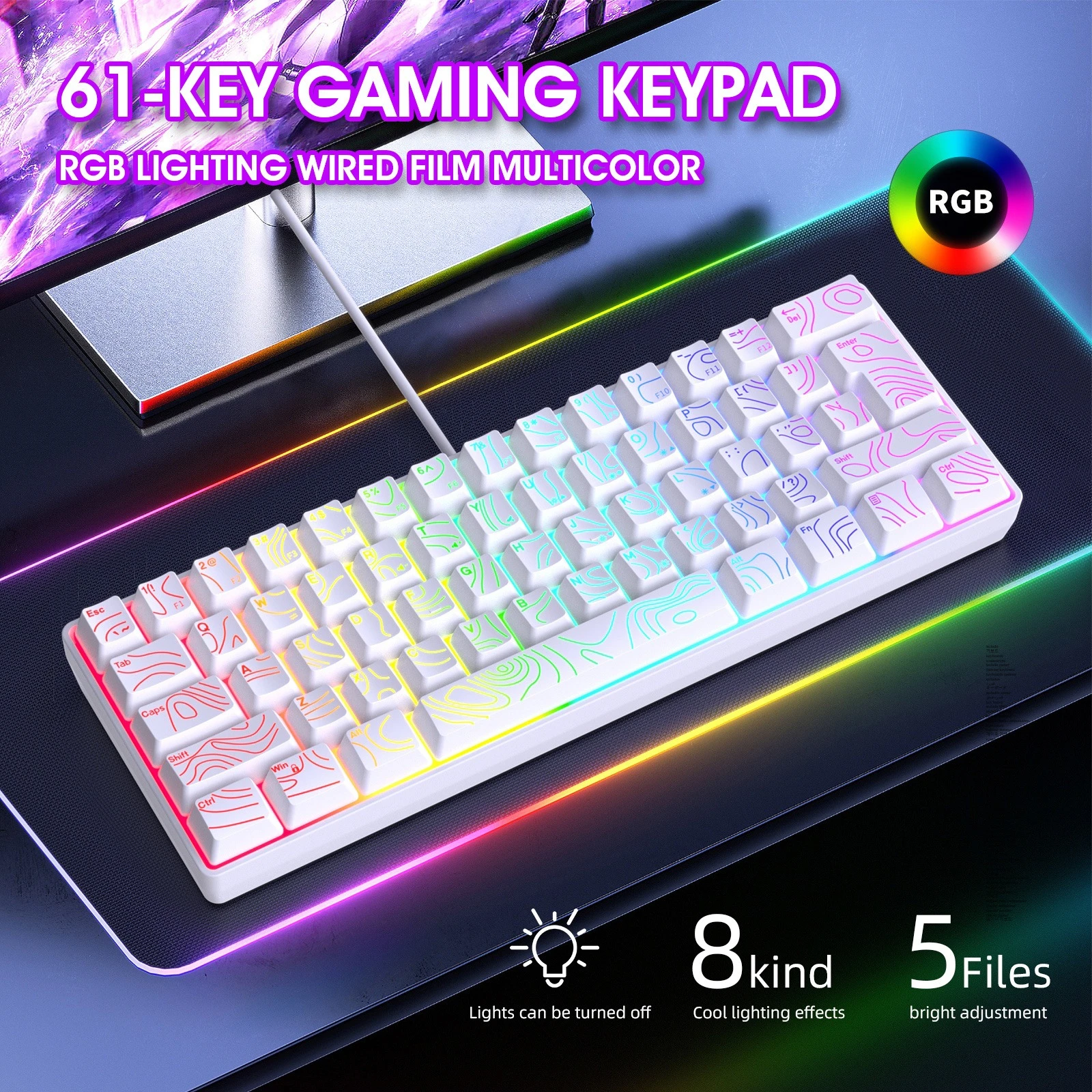 Teclado com fio rgb 61 teclas usb teclado branco gamer 60% teclados membrana compacta klawiatura computador bonito teclado portátil