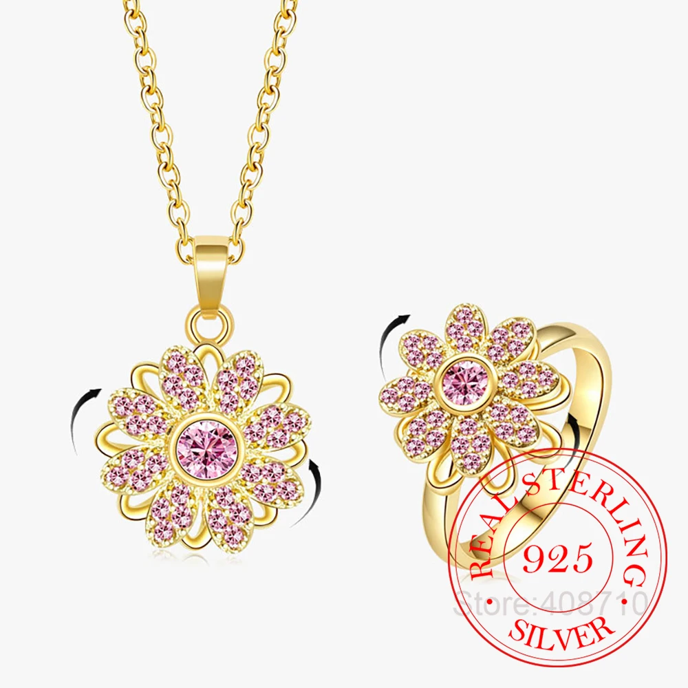 925 Sterling Silver Jewelry Pink Crystal Sunflower Spinning Jewelry Set 2pcs Rings Necklace for Women Wedding Party Jewelry Gift