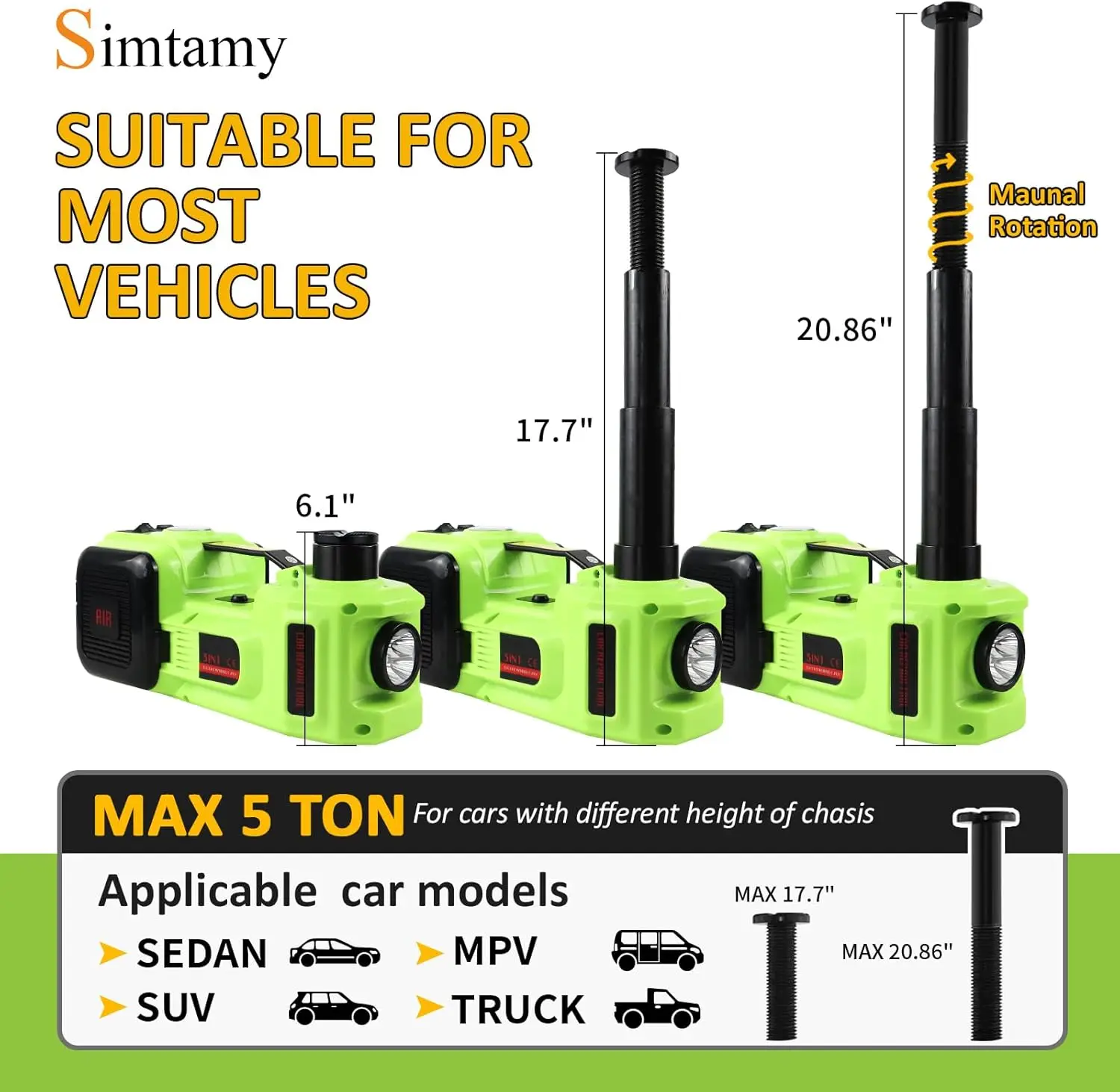 Car Jack Kit 5 Ton Hydraulic Jack(Lifting Range: 6.1~17.7 inch) with Impact Wrench Tire Inflator for SUV MPV Sedan Truck Change