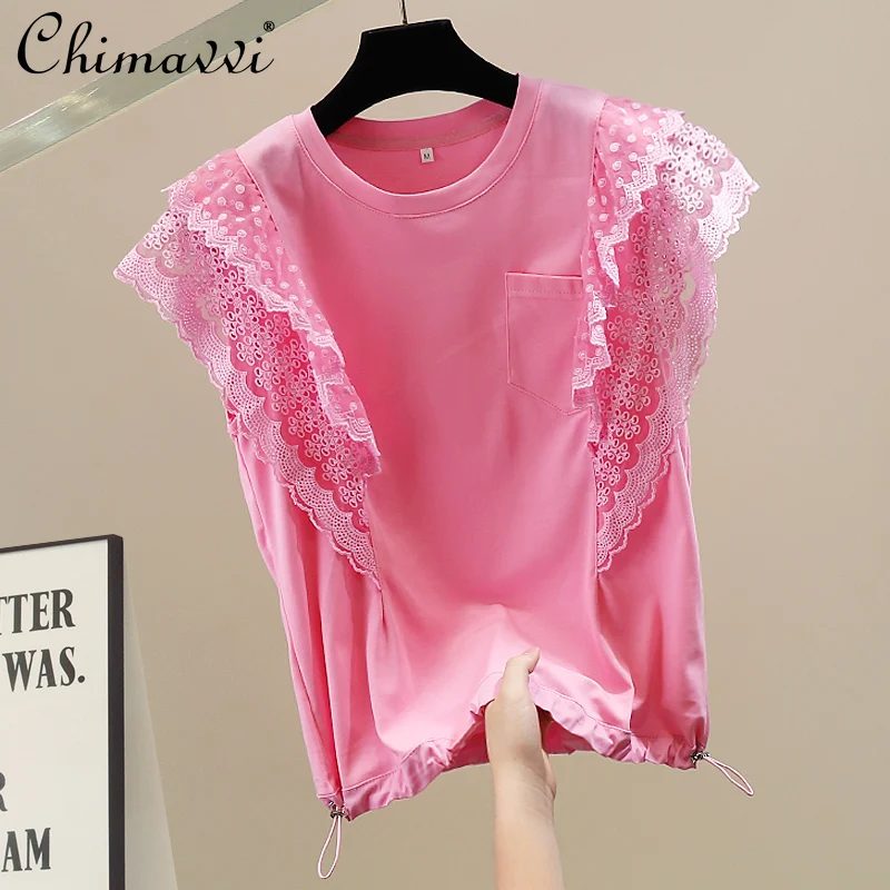 

Fashion Heavy Splicing Lace Decorative Crew Neck Short Sleeve Shirt 2025 Summer New Sweet Girly Temperament Drawstring Top