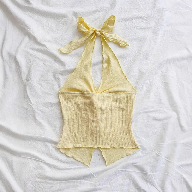 Yellow V-neck Halter Neck Top for Women Summer Y2K Clothes Sexy Sleeveless Backless Crop Top Streetwear image 2