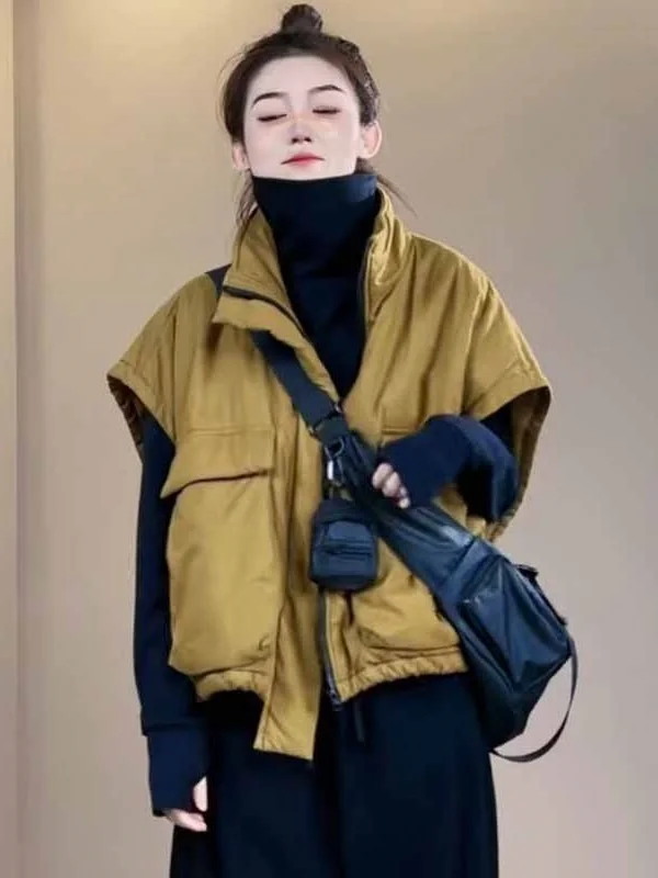 Lose lässige Damen-Baumwollweste, doppelt, groß, mit Stehkragen, Jaet-Oberbekleidung, reine Farbe, Pendeln, chinesische Produktion