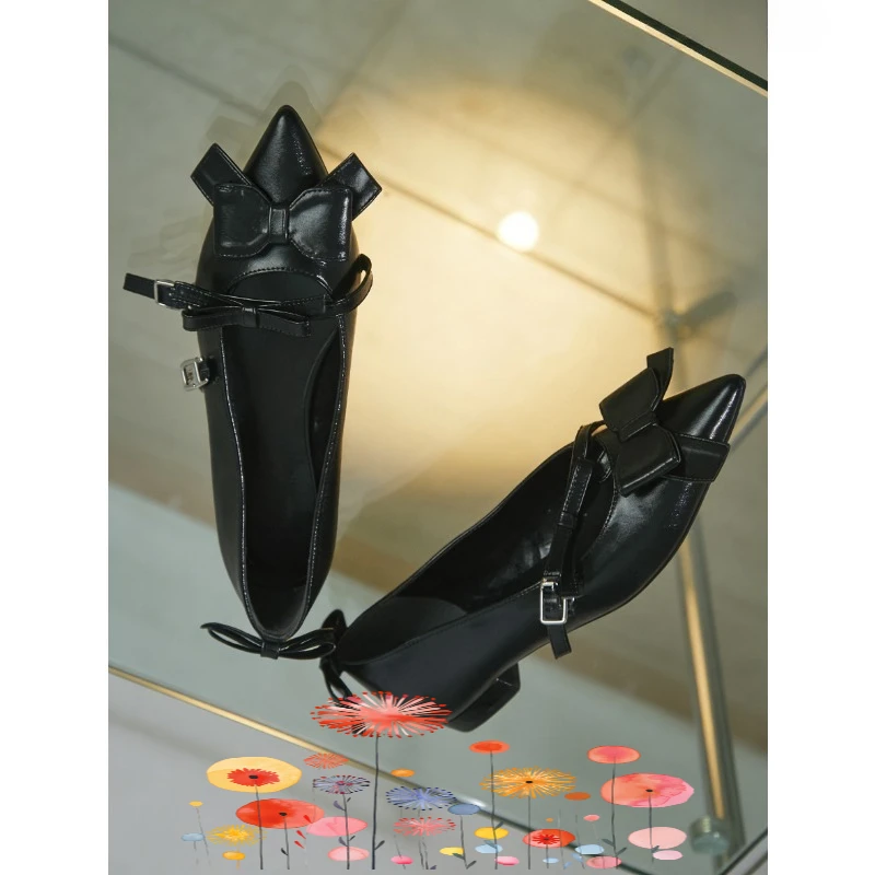 

Oblique Strap Design Sweet Cute Retro Bows Low-heeled Flats Japanese Style Pointed Toe Women's Pure Color Mary Jane Shoes