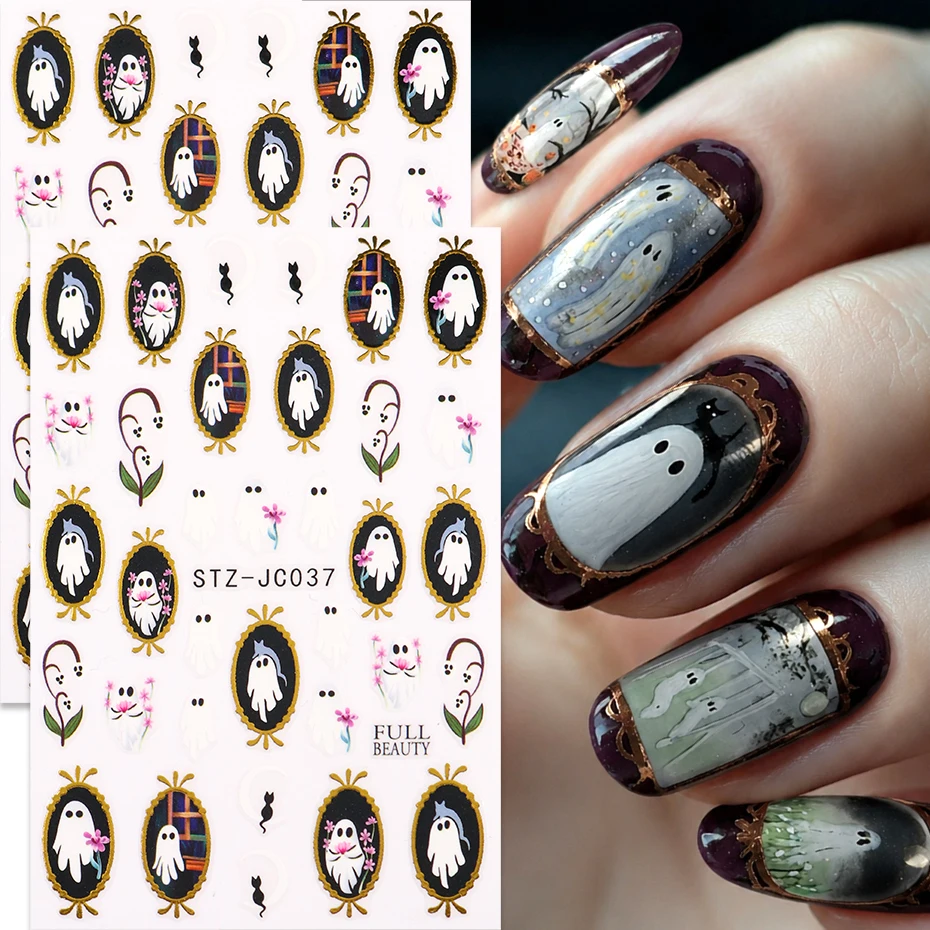 2pcs Ghost Halloween Oiled Metal Nail Art Sticker Black Cat Floral Ghost Portrait Frame Spooky Gothic Halloween Manicure Slider