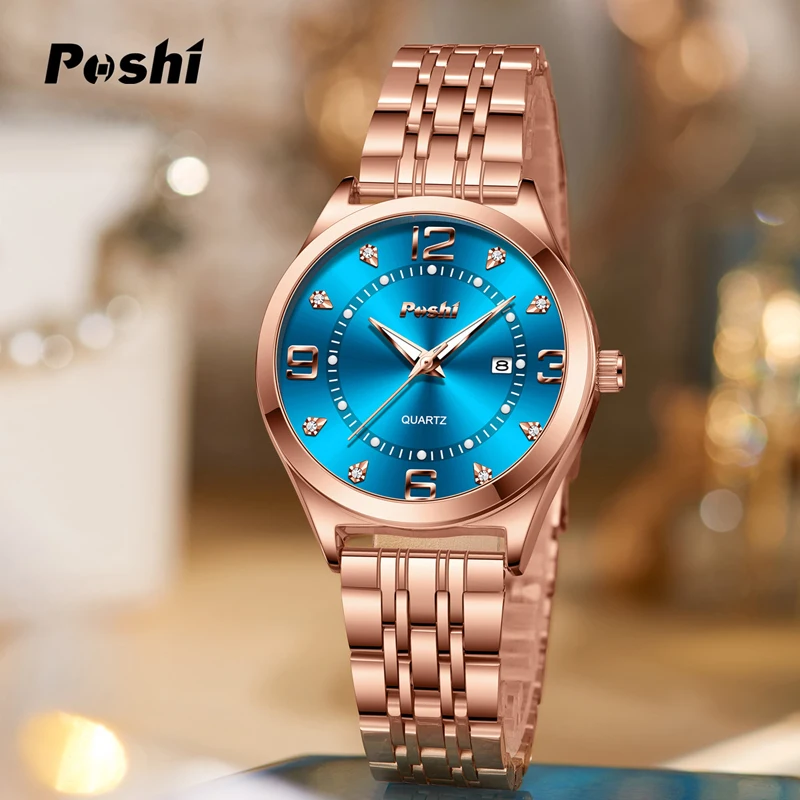 POSHI 973 Fashion Casual Women\'s Watches Quartz Movement Original Wristwatch Stainless Steel Date Ladies Bracelet With Box Gift