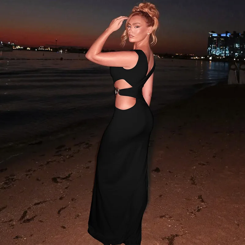 Elegant Chic Cut Out Maxi Dress for Women V-neck Sleeveless Bodycon Party Dress Summer Sexy Backless Holidays Club Dress 2025