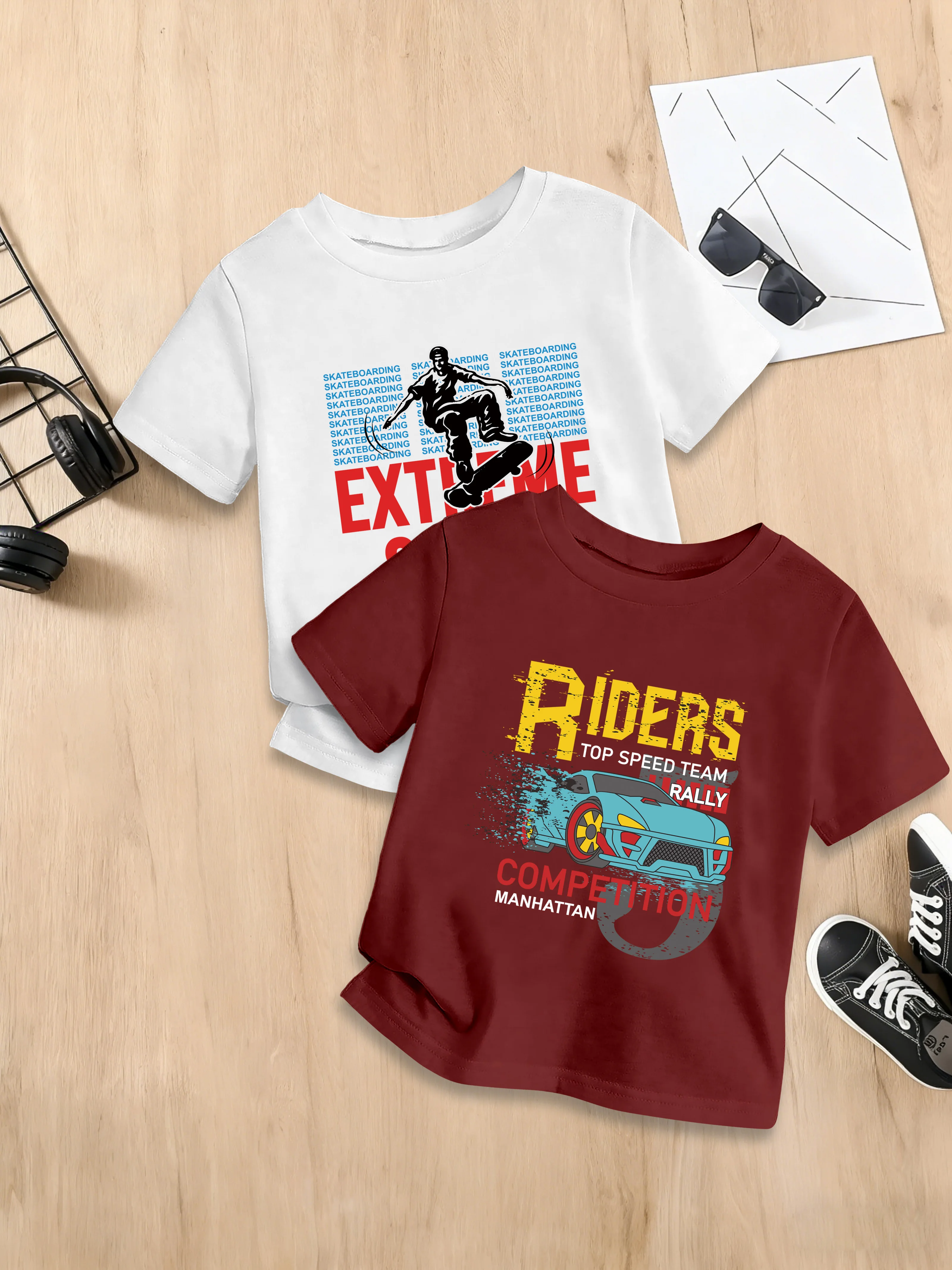 

2 предмета: летняя футболка для мальчиков, повседневная, с круглым вырезом, с принтом спортивного автомобиля и скейтборда, для мальчиков