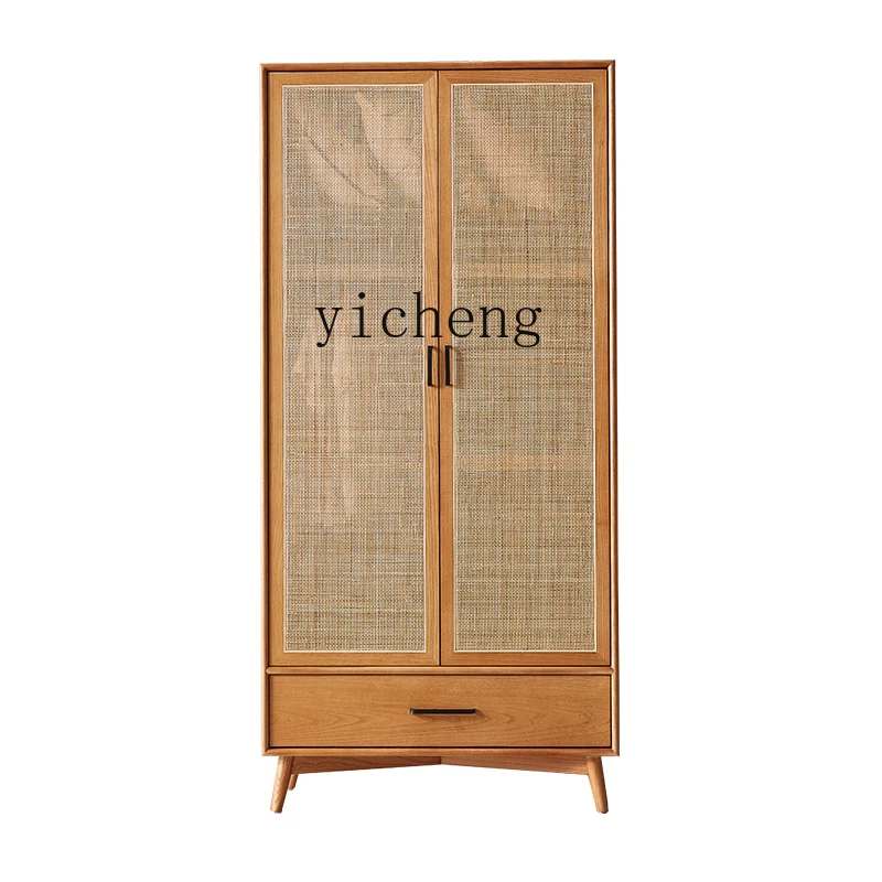 

ZC solid wood wardrobe bedroom double door opposite door rattan wardrobe retro homestay storage wardrobe