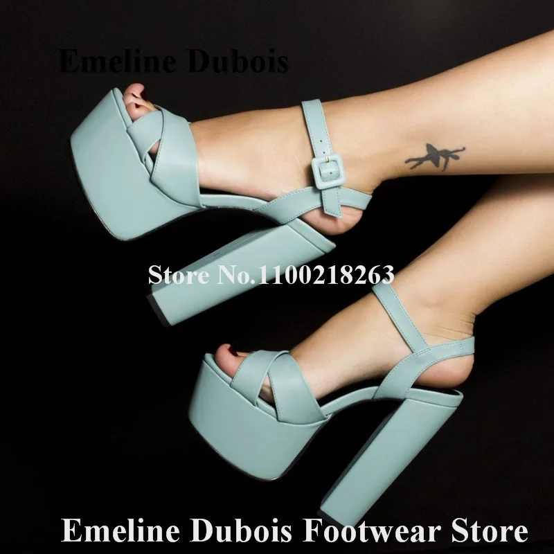 High Platform Chunky Heel Sandals Emeline Dubois Open Toe Blue Black White Matte Leather Thick Heel Party Shoes Big Size Heels