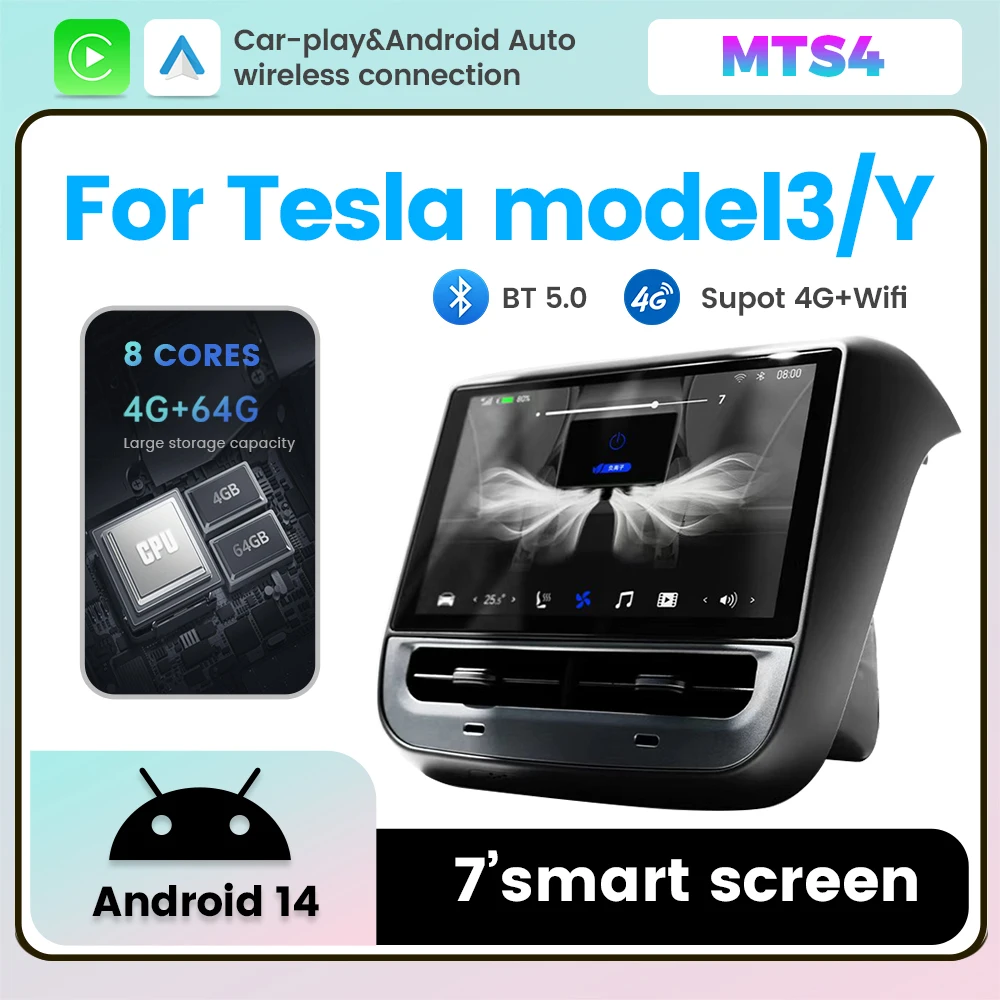 Android System Car Multimedia Entertainment Screen for Tesla Model 3 Y Wireless Carplay Auto Rear Seat Display Player 4G 64G 45W